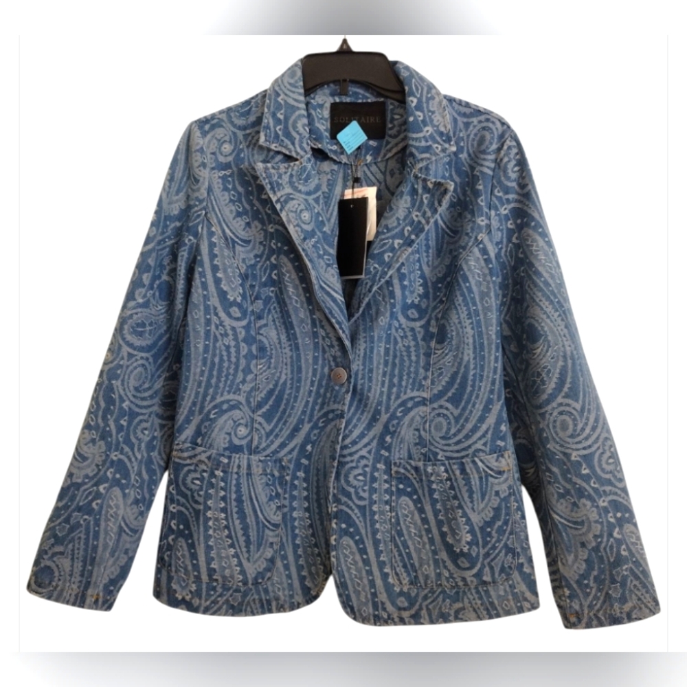 Solitaire Blue Denim Paisley Blazer Jacket Size Medium